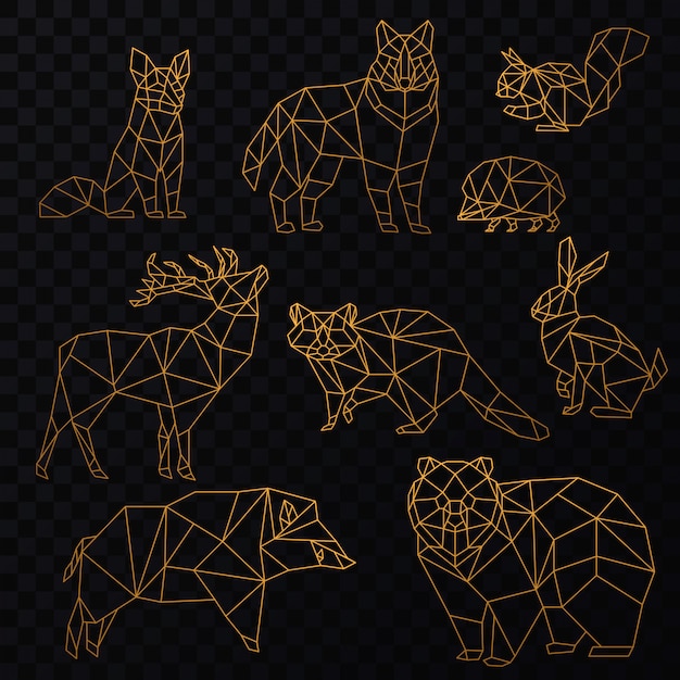 Vector low poly cgolden line animals set. wolf, bear, deer, wild boar, fox, raccoon, rabbit and hedgehog