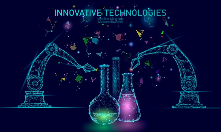 Vector low poly chemical synthesis science concept. polygon lab chemistry material production reactor. modern innovation compound technology product laboratory robotic ai   illustration