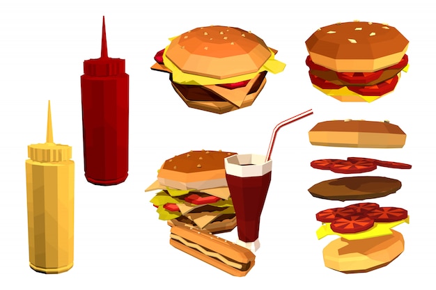 Low poly fast food on a white.