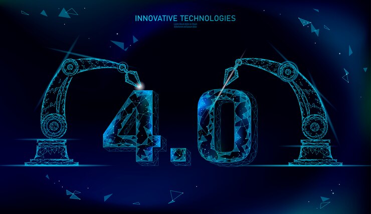 Vector low poly future industrial revolution concept. industry 4.0 number assembled by robotic arm. online technology industry management. 3d polygonal innovation system   illustration