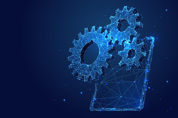 Vector low poly gears. technology 3d industry background. abstract blue design
