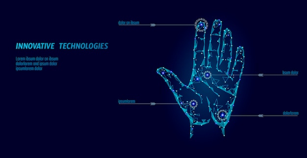 Низкополигональная сканирование рук кибербезопасность Личная идентификация отпечаток пальца отпечаток руки Идентификационный код Доступ к информационной безопасности данных Интернет-сеть футуристическая биометрическая технология вектор проверки личности