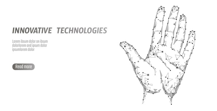 Vector low poly hand scan cyber security personal identification fingerprint handprint id code information data safety access internet network futuristic biometrics technology identity verification vector
