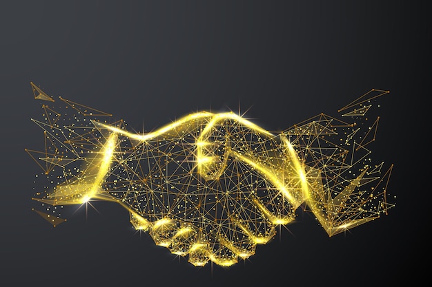 Vector low poly illustration of the business handshake with a golden dust effect sparkle stardust