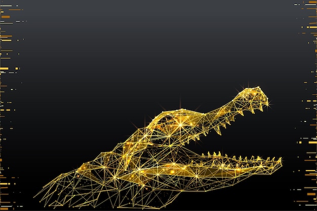 Vector low poly illustration of the crocodile with a golden dust effect sparkle stardust glittering