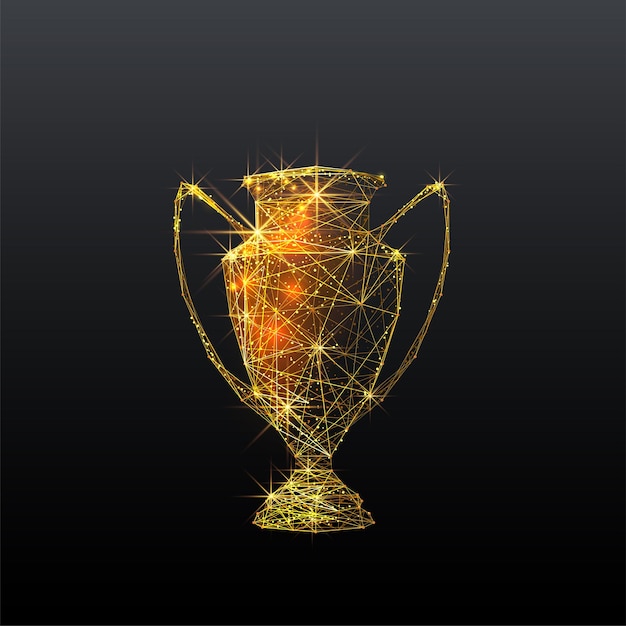 Illustrazione low poly della coppa di calcio con effetto polvere d'oro. polvere di stelle scintillanti. scintillante