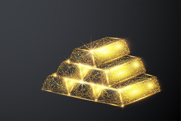 Illustrazione low poly dei lingotti d'oro con effetto polvere d'oro polvere di stelle scintillanti