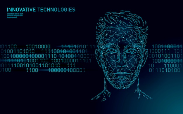 Identificazione biometrica del volto umano maschile basso poli. concetto di sistema di intelligenza artificiale ai. chatbot online personale centro assistenza tecnologia di innovazione. illustrazione poligonale 3d