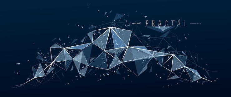 Vector 낮은 폴리 입자 추상 벡터 배경, 다각형 프랙탈 디자인, 연결된 선이 있는 3d 차원 요소, 메쉬 개체 기술 및 과학 테마.