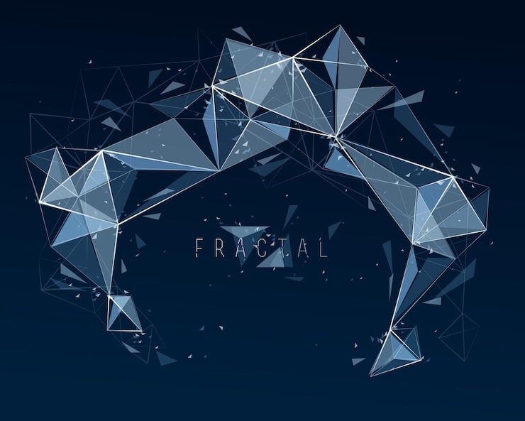 Вектор низкополигональные частицы абстрактный векторный фон, полигональный фрактальный дизайн, трехмерный элемент с соединенными линиями, технология сетчатых объектов и научная тема.