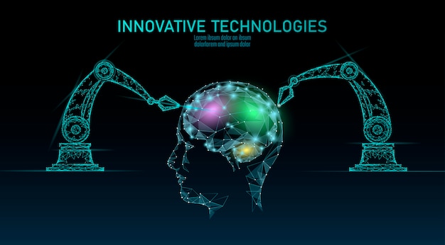 Низкополигональная робот андроид мозга машинного обучения. инновационные технологии искусственного интеллекта человека киборг умные данные. виртуальная реальность цифровой опасности предупреждение полигональных бизнес-концепция технологии.