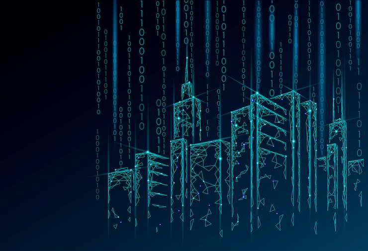 Vector low poly smart city 3d wire mesh. intelligent building automation system business concept. binary code number data flow. architecture urban cityscape technology sketch    illustration