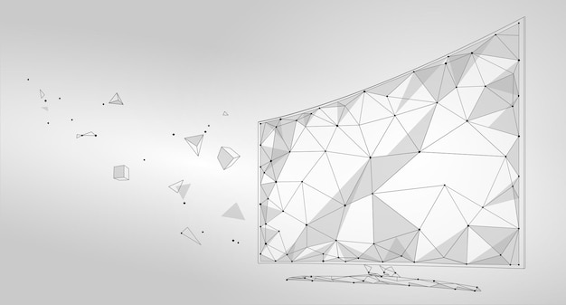 Low poly smart tv screen video polygonal virtual reality desktop future technology display connected point line dots gray white art innovation pc vector illustration art