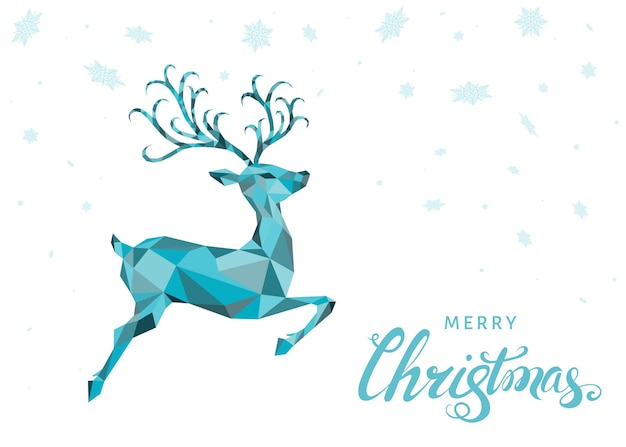 Низкополигональная треугольник Xmas олень. Рождественская открытка с голубыми оленями прыжка и снежинками. Векторная иллюстрация в стиле оригами.