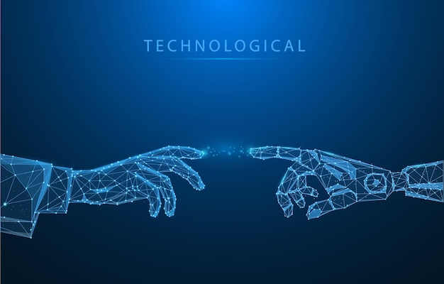 low poly vector illustration of robot or cyborgs arm and hand human touch technological concept