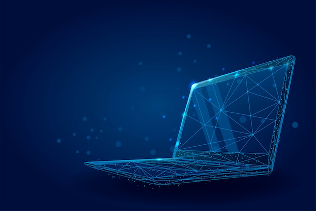 Laptop low poly wireframe. illustrazione di linee e punti del plesso