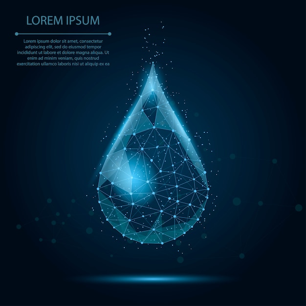 Low poly wireframe water drop with dots and stars. fresh aqua or liquid, eco nature