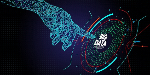 low polygon hand touching big data advanced technology and visualization with fractal element with lines and dots array.