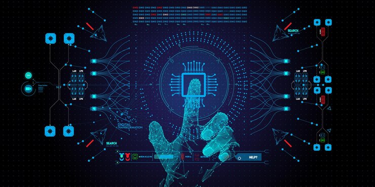 Vector low polygon hand touching the future user interface technology and the future of user experience.