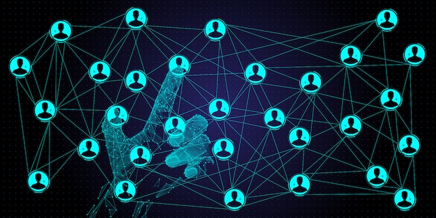 Low polygon hand working global structure networking and data exchanges customer connection with new computer ui.