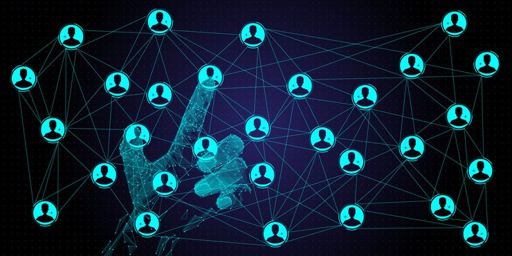 Vector 낮은 다각형 손으로 작업하는 글로벌 구조 네트워킹 및 데이터 교환 새 컴퓨터 ui와 고객 연결.