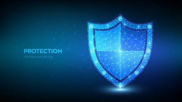 低ポリゴンセキュリティシールド。保護または安全なビジネスコンセプト。サイバーセキュリティと情報またはネットワークの安全性。