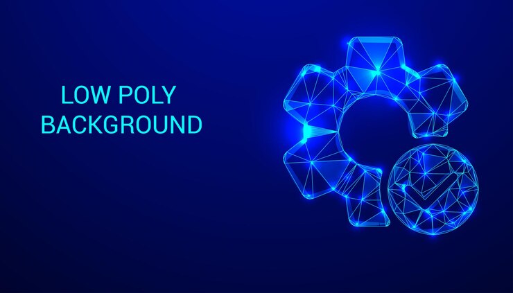 Vector low polygonal vector illustration of a mechanism gear setting icon isolated on a blue background