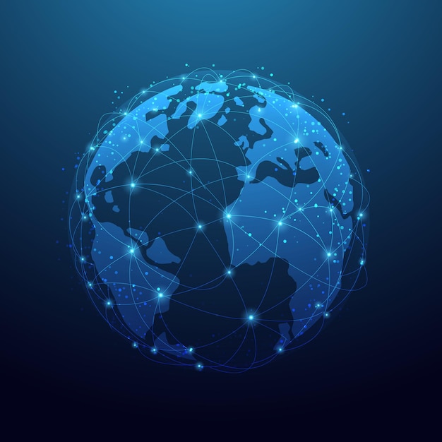 Low polyline earth network technology on blue background. Global business connect point and lines.