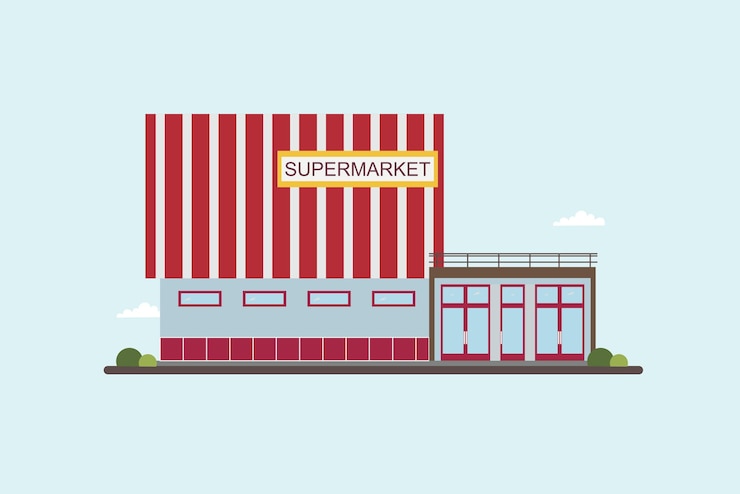 Vector low-rise supermarket building front view. colorful flat vector illustration.