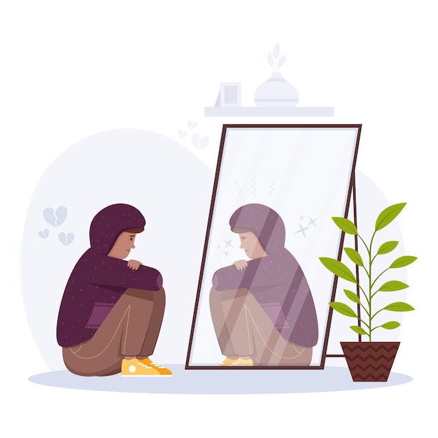 Low self-esteem illustration with woman and mirror