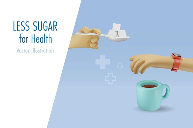 Vector low sugar eat less sweet for health hand with stop gesture refuse to add sugar cube in coffee cup healthy dieting and nourishment concept vector