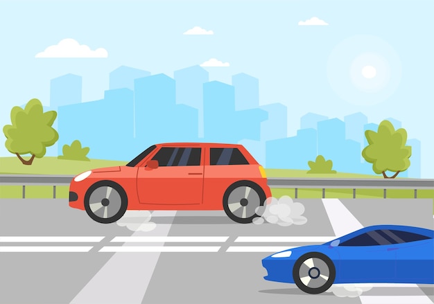 Vector low traffic on the highway sport car overtaking small car flat cartoon vector illustration concept