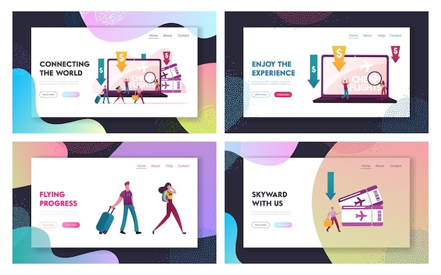 Vector lowcoster, cheap flight and saving vacation budget landing page templates set.