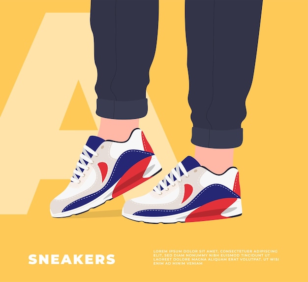 Vector lower part of human legs with sneakers fashionable sports shoes for sports and walks vector illustration