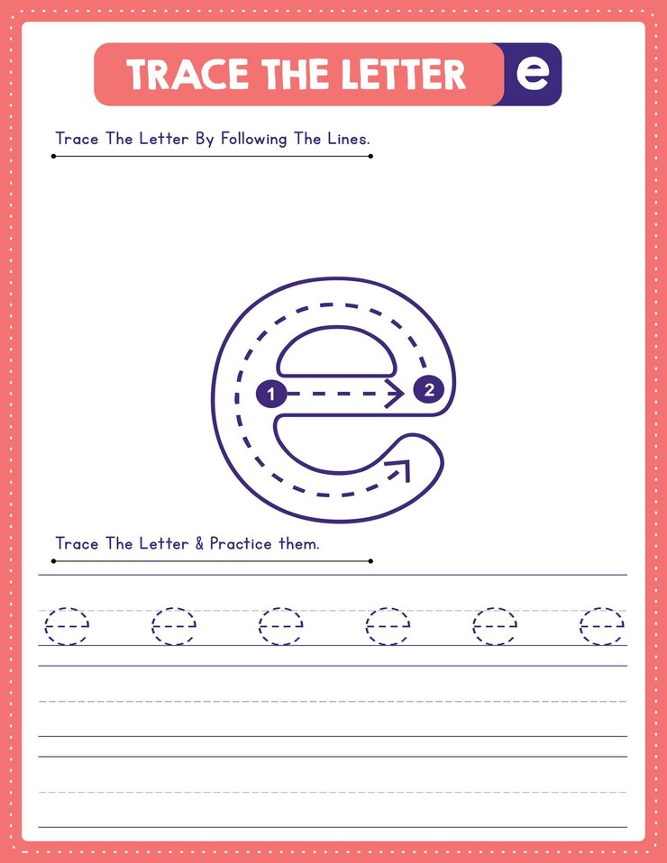 Vector lowercase letter tracing handwriting practice worksheet with arrow direction alphabet e