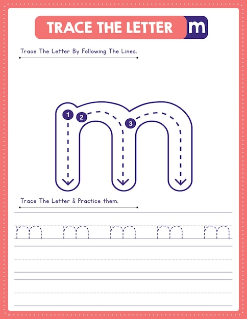 Lowercase Letter Tracing Handwriting Practice Worksheet With Arrow Direction Alphabet m