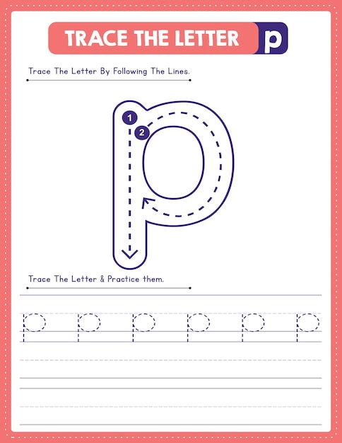 Lowercase Letter Tracing Handwriting Practice Worksheet With Arrow Direction Alphabet p