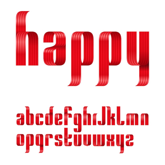 lowercase letters font from a red ribbon with strip and smooth curves and shadows