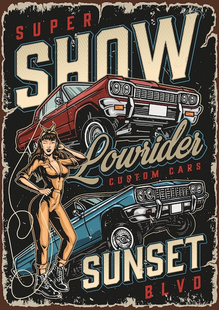 Vector lowrider auto's kleurrijke vintage poster