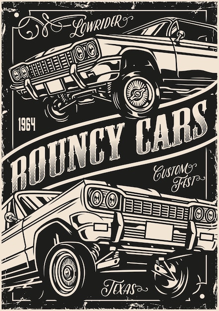 Винтажный монохромный постер с автомобилями лоурайдеров