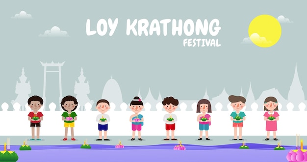 Концепция баннера фестиваля Лой Кратонг с милыми тайскими детьми в национальных костюмах, держащими кратонг