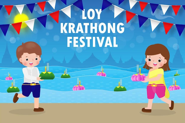 Loy krathong festival banner concept con simpatica coppia thailandese in costume nazionale che tiene krathong