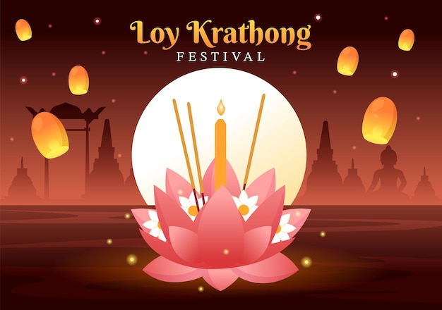 Loy Krathong Festival Celebration in Thailand Template Illustration with Krathongs Floating on Water