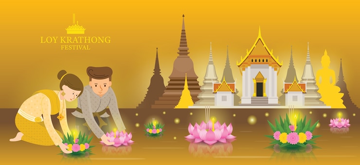 Vector loy krathong festival, couple in traditional clothing with temple background