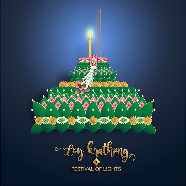 Loy Krathong Festival in flat style Thai language text translation Loy Krathong Festival