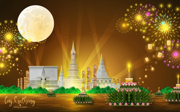 Loy Krathong Festival in flat style Thai language text translation Loy Krathong Festival