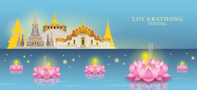 Vettore loy krathong festival, temple landmark skyline background