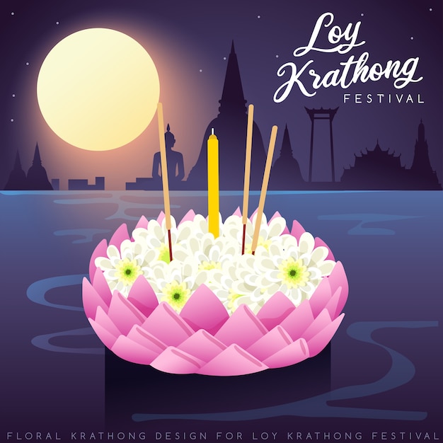 Vettore loy krathong, festival tradizionale tailandese con la luna piena, la pagoda e lo sfondo del tempio