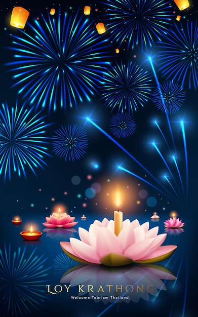 Loy krathong thailand festival pink lotus flowers fireworks and floating lantern at night poster