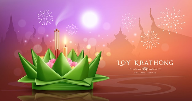 Vector loy krathong thailand festival realistische bananenblad maannacht banner ontwerp achtergrond